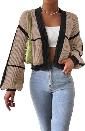 COZYEASE Womens Color Block Crop Cardigan Top Bishop Long Sleeve Striped Open Front Sweater