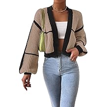 Women's Color Block Crop Cardigan Top Bishop Long Sleeve Striped Open Front Sweater