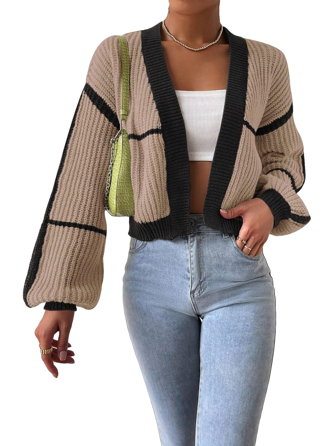 COZYEASE Womens Color Block Crop Cardigan Top Bishop Long Sleeve Open Front Sweater