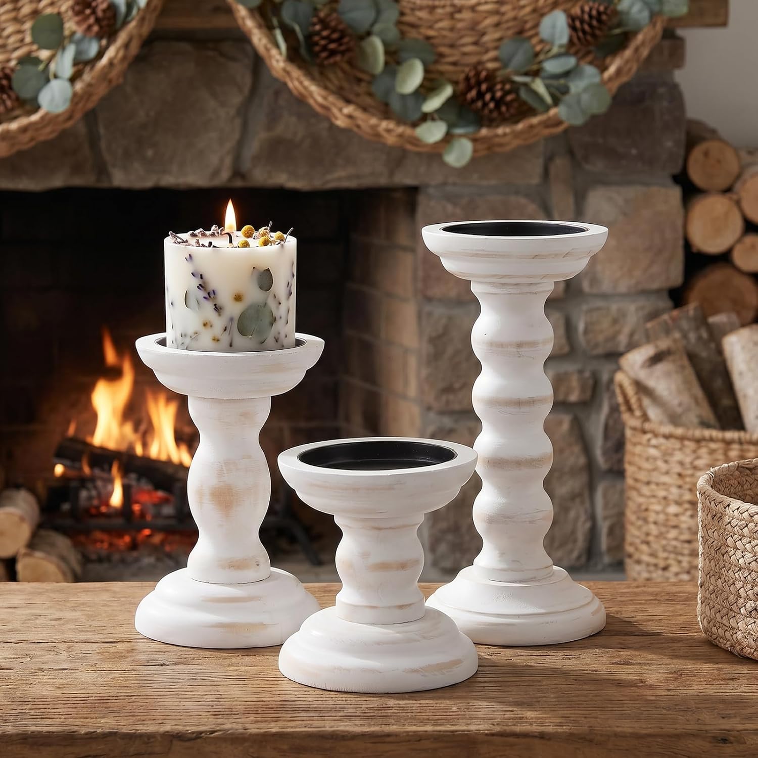 Wooden Candle Holders for Pillar Candles Set of 3 Tall Rustic White Candlestick Stands for Fireplace Mantle Table Centerpiece Farmhouse Decor Fits Wide Pillar Candles 3 Inch