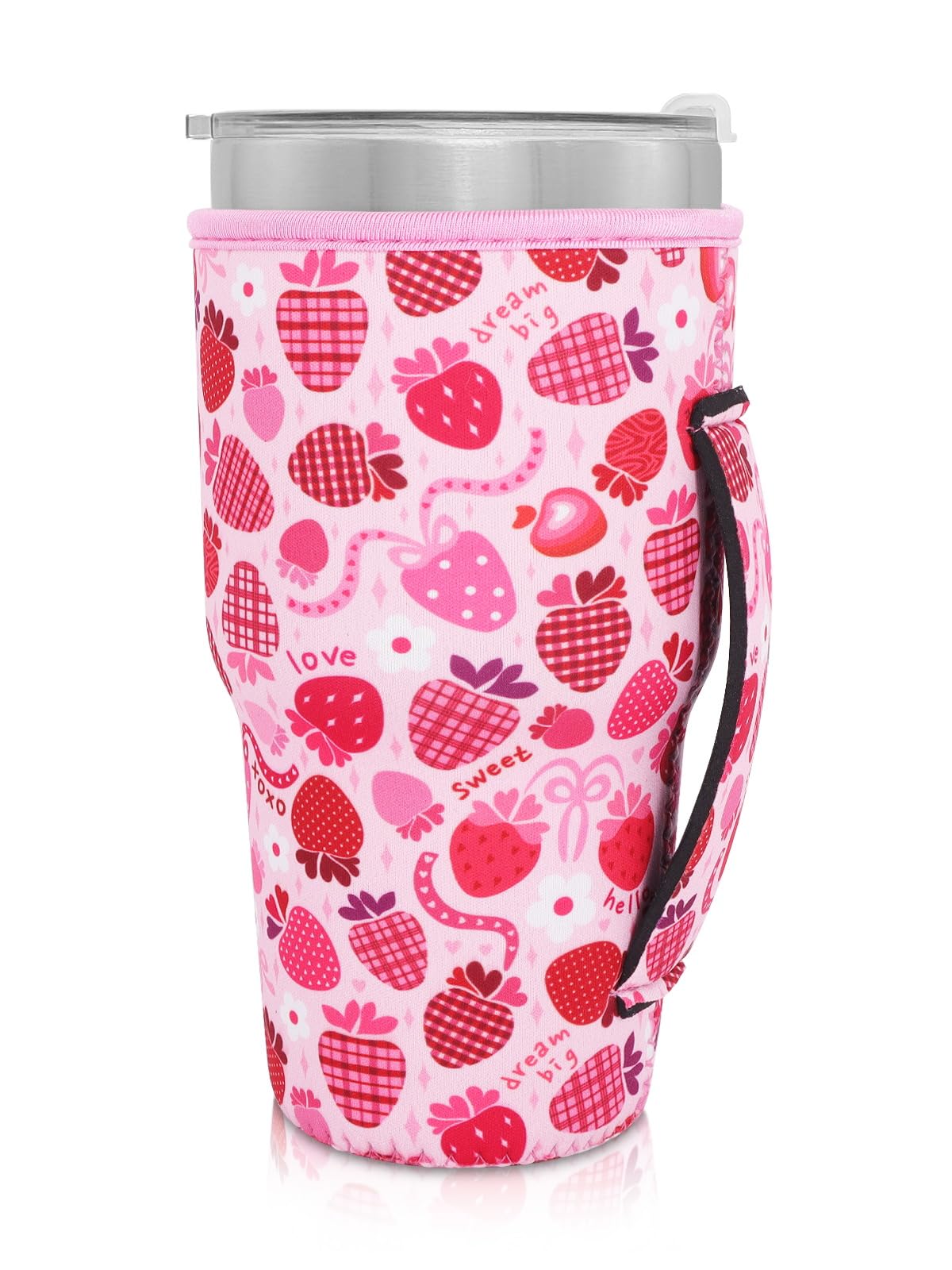 Reusable Iced Coffee Cup Sleeve Neoprene Insulated Sleeves Cup Holder with Handle Idea for 30oz - 32oz Tumbler Cups, Protein Shake Bottles(Only Cup Sleeves), Lovely Strawberry