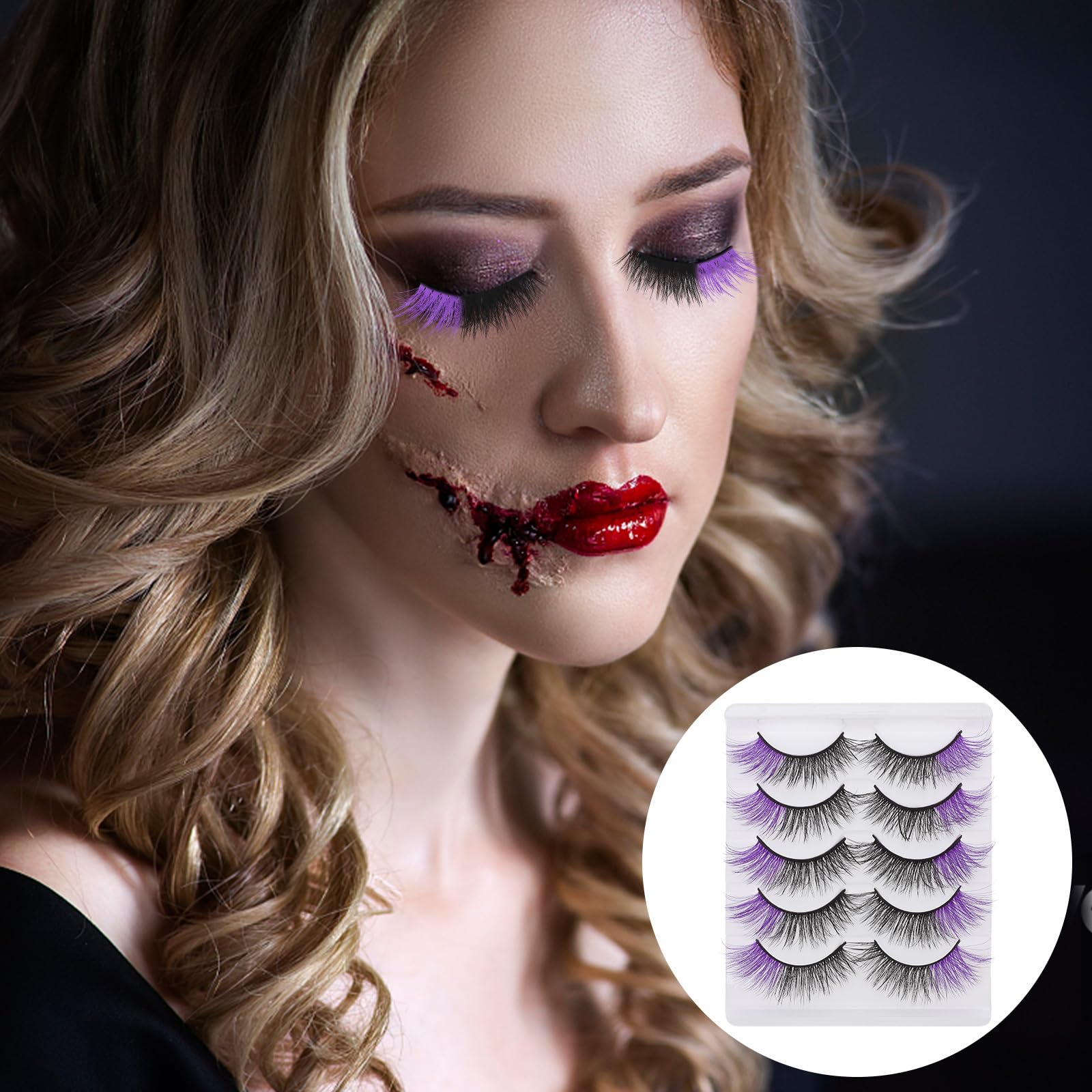 Housoutil Coloured False Eye Lashes, 5 works Purple Strip Lashes, Artificial Halloween Makeup Eyelashes - Image 4