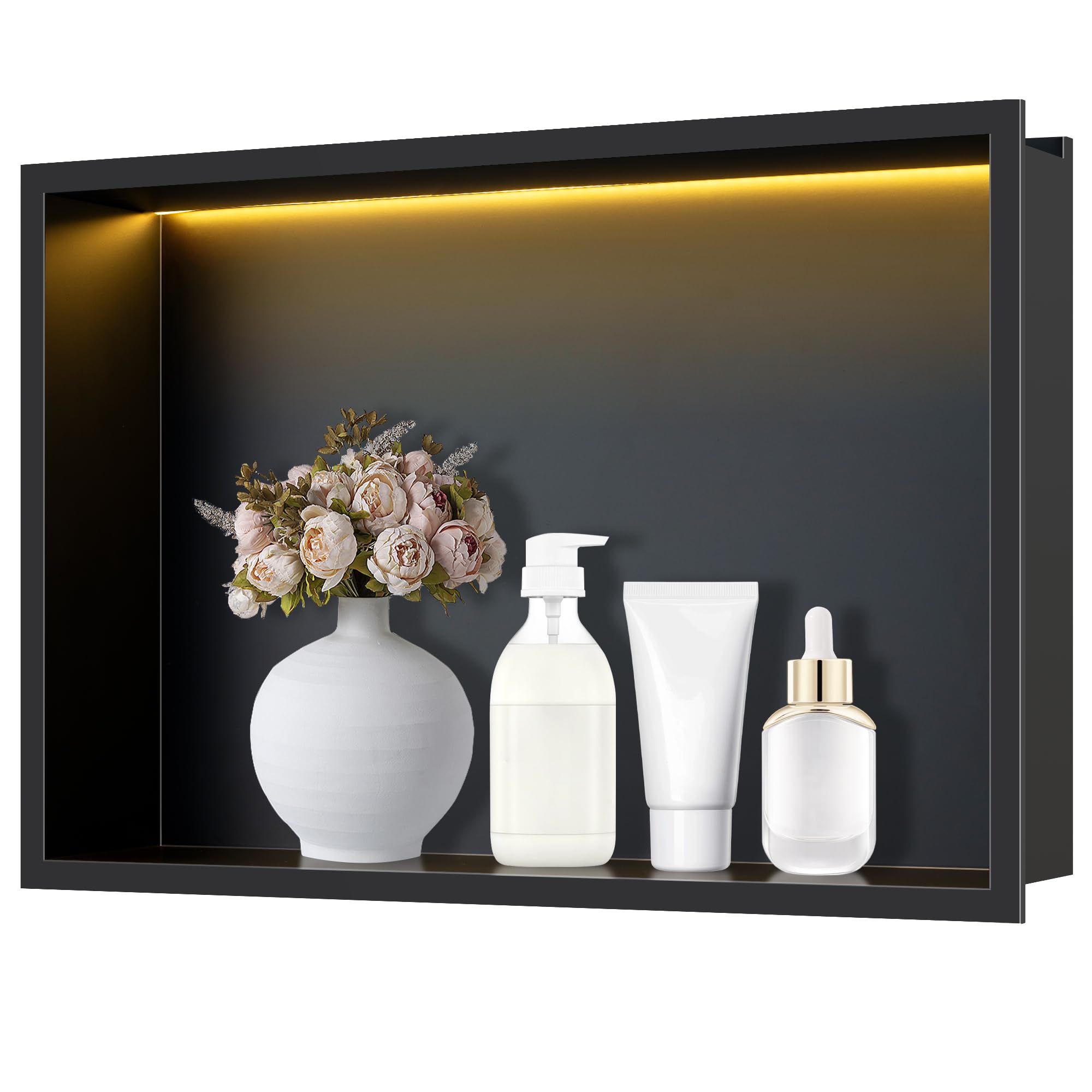 FTL Nicchia da Parete per Doccia in Acciaio Inox con Luce LED 45x30cm,Nero Nicchia da Doccia Incasso con 3000K Bianco Caldo LED,Senza Piastrelle,Impermeabile Nicchia per Bagno