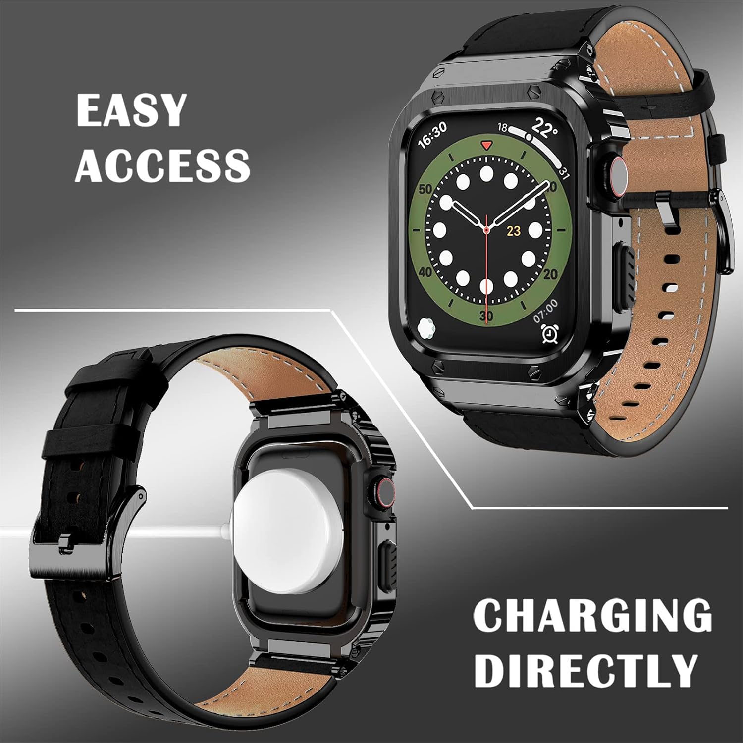 SUPLINK Leather Band with Stainless Steel Case for Apple Watch Ultra 3/2/1 & SE 3/2/1 & Series 11 10 9 8 7 6 5 4 3 2 1 49mm 46mm 45mm 44mm 42mm 41mm 40mm 38mm,Rugged Bumper for Men