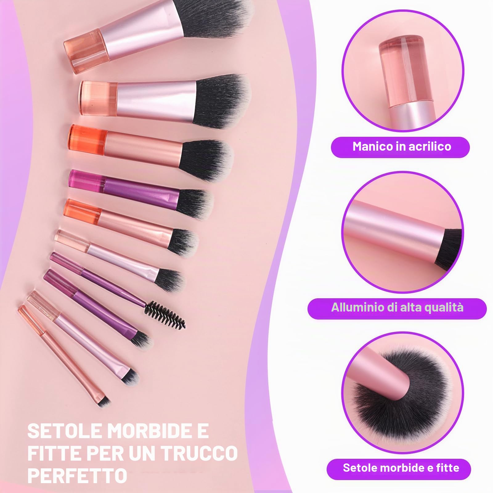 Mini Set di Pennelli per il Trucco, Set di Pennelli per il Trucco da 10 Pezzi da Viaggio con Borsa in Pu, Set di Pennelli per Cosmetici Portatile per Viaggi d'Affari, Vacanze, Campeggio (Rosa e Viola)