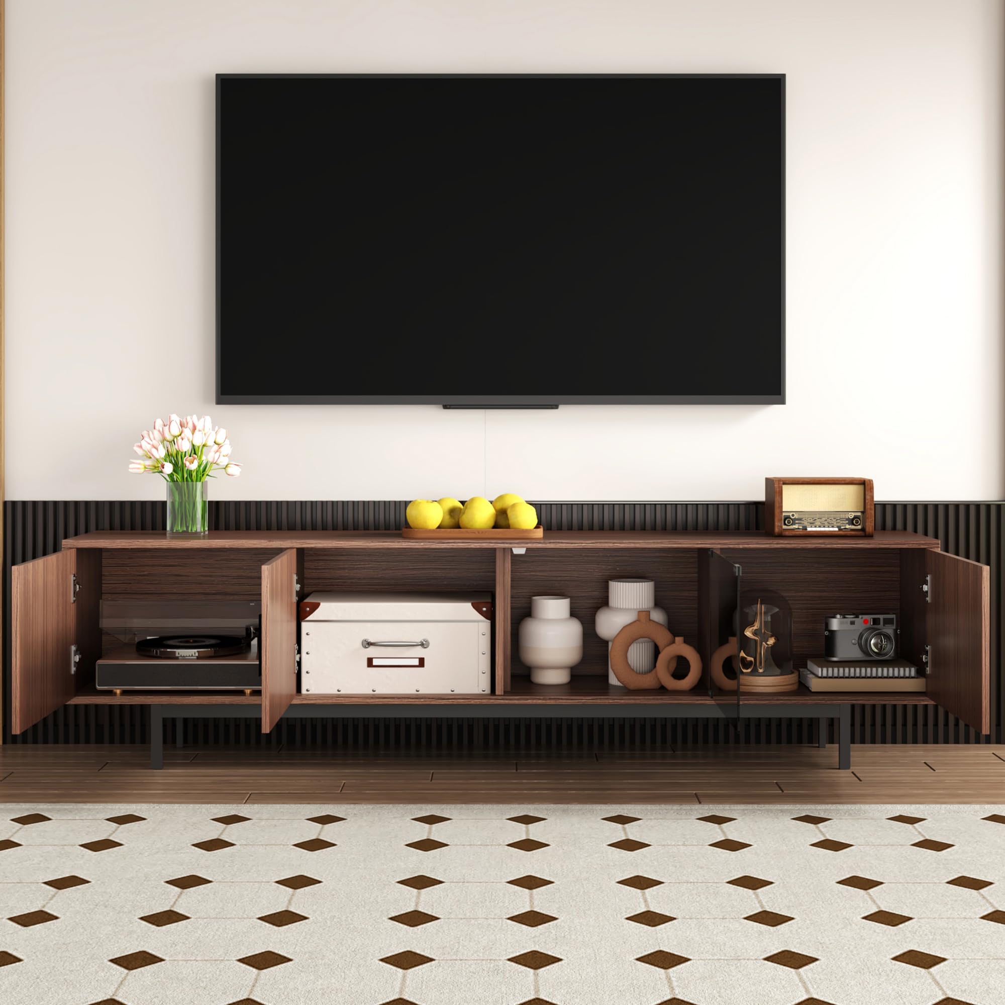 Mueble de TV 50 x 200 cm con textura tallada, puerta de vidrio templado nogal + negro