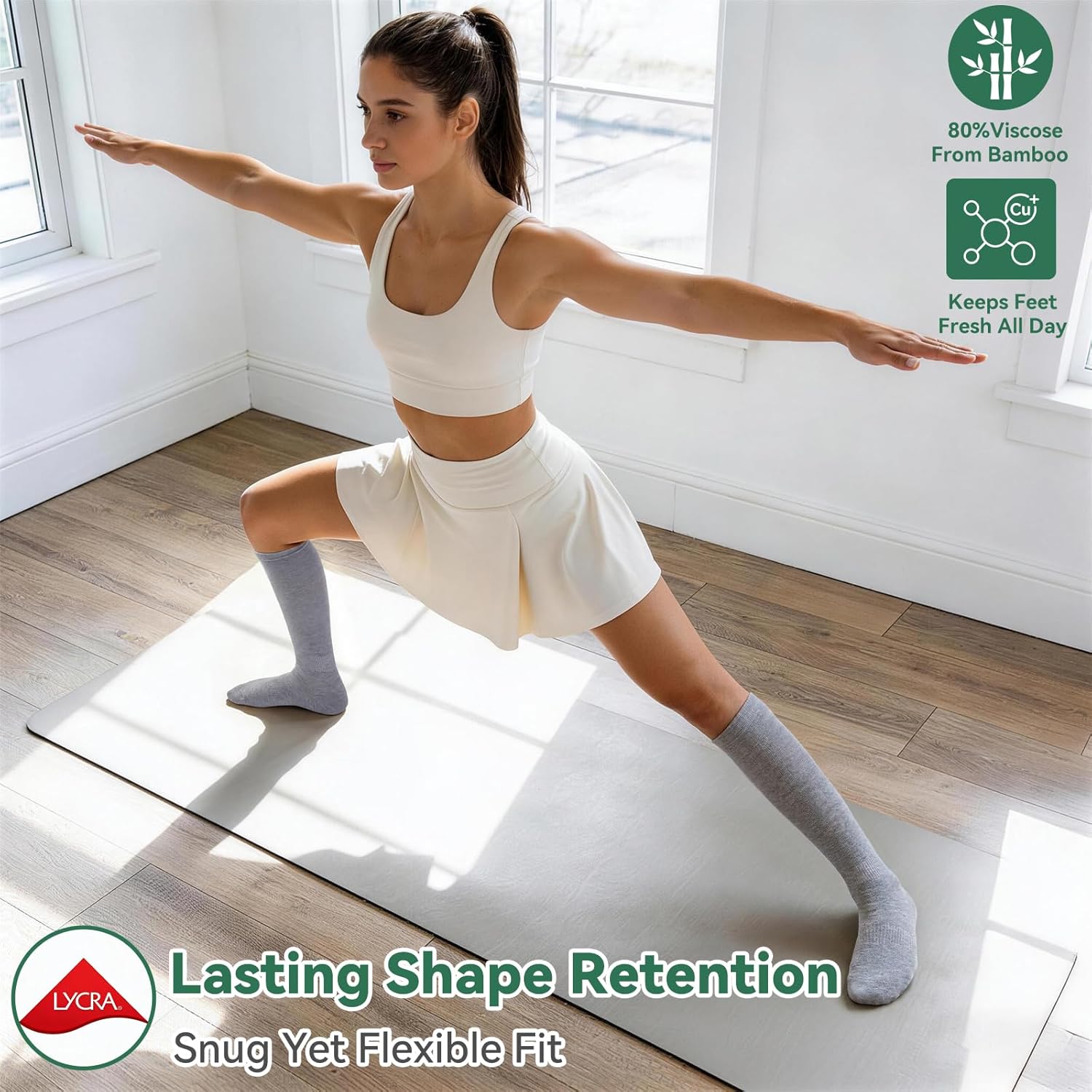 4 Pairs Copper Bamboo Viscose Compression Socks, Soft Breathable Knee High, Women Men, Gentle Support Travel Daily