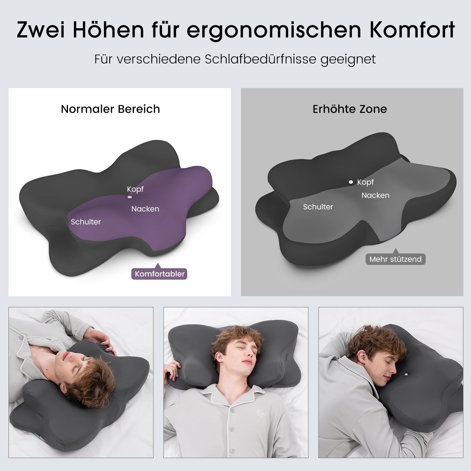 Nackenkissen Kopfkissen, Ergonomisches Memory-Schaum Kissen mit Kühlung, Abnehmbarer Bezug, für Seiten-, Rücken- und Bauchschläfer, Grau