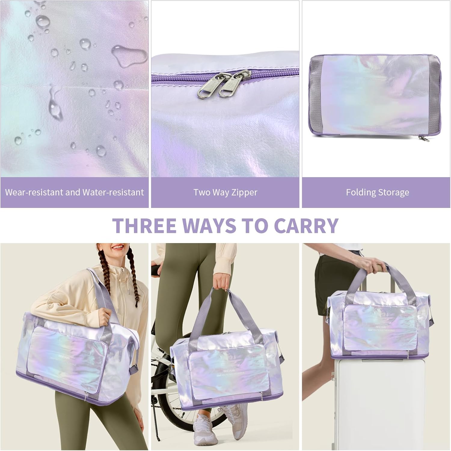 IwIeIaIrI Weekender Overnight Bags for Women Men,Waterproof Lightweight Foldable Gym Duffel Dance Bag for Girls Kids Women Weekend Travel with Laser Color (Purple) - Image 5