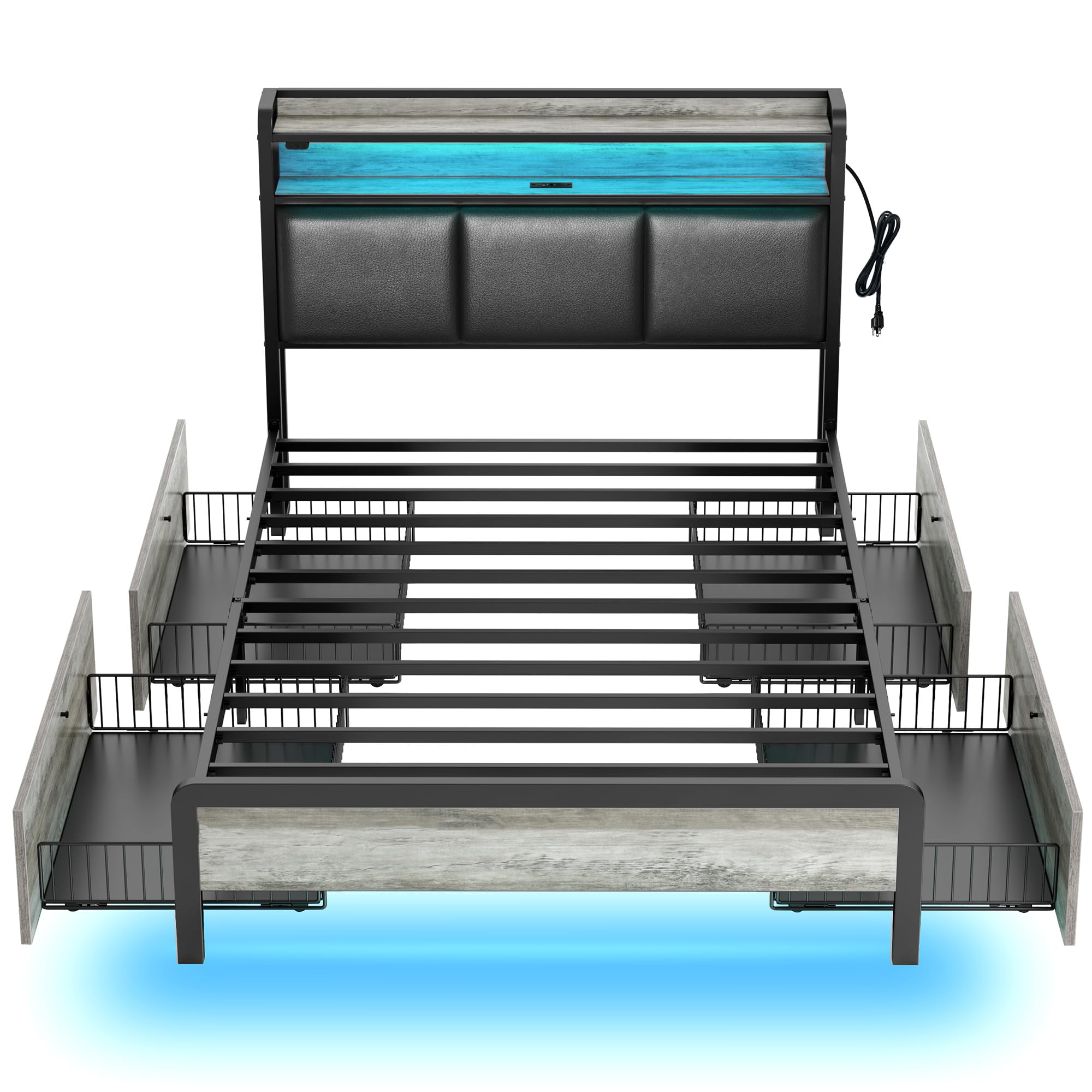 Rolanstar Bed Frame Twin Size with Charging Station and LED Lights, Upholstered Storage Headboard with Drawers, Heavy Duty Metal Slats, No Box Spring