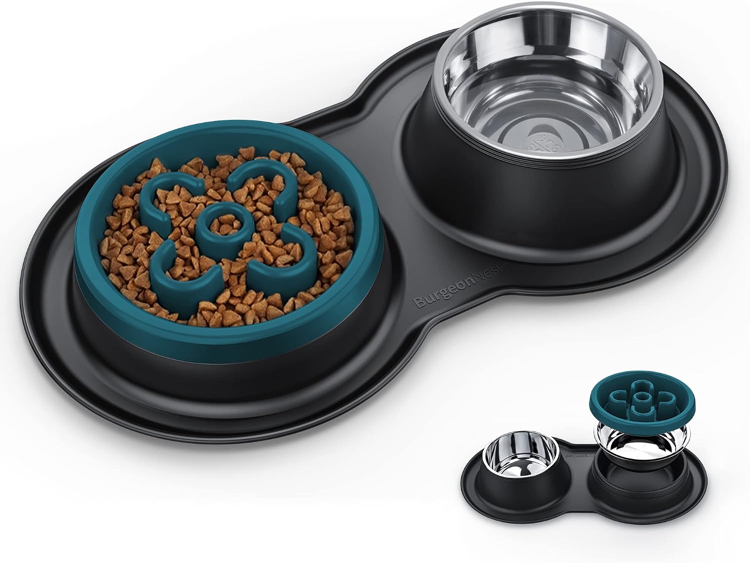 BurgeonNest Slow Feeder Dog Bowls, 27oz Stainless Steel 4-in-1 Food and Water Bowls with No-Spill Silicone Mat Bloat Stop Slow Down Eating Puzzle Bowl for Medium Small Sized Dogs