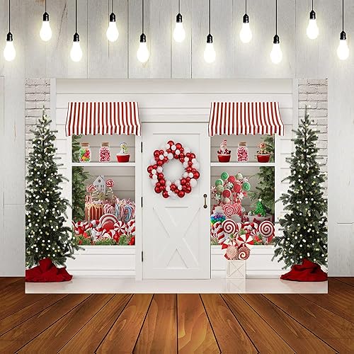 Miniatura 1 de Lofaris Telón de fondo de Navidad de invierno con texto en inglés "Merry Christmas" Sweet Candy Storefront Cottage, guirnalda de Papá Noel, luces
