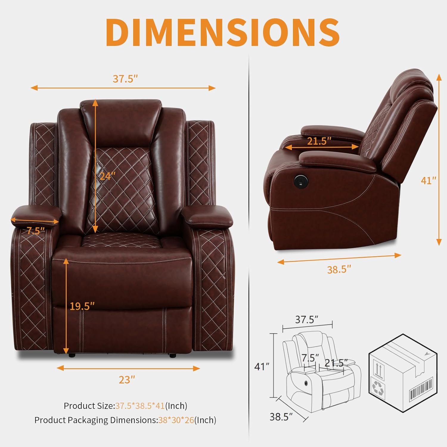 Recliner Single Sofa Power Reclining Movie Gaming RV Sofa, Home Theater Seating with LED Lights,USB Ports，Leather Brown