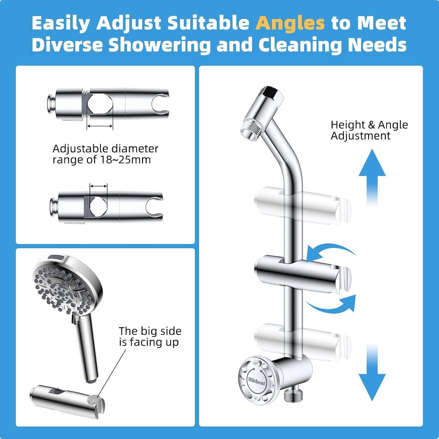 Hibbent All Metal Shower Diverter with Showerhead Holder, Easy Reach 4 Way Diverter with Pause Mode, 13.5" Stainless Steel Slide Bar, 4-Setting Replacement for Handheld & Fixed Shower, Chrome
