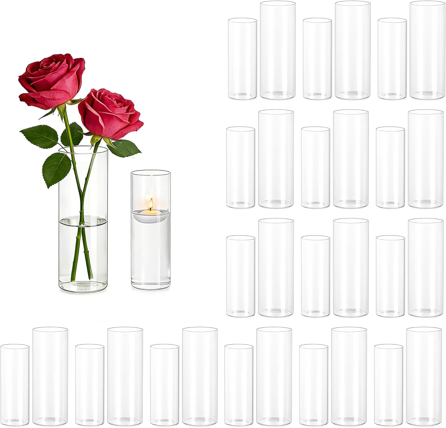 Hewory Glass Cylinder Vases for Centerpieces: 7“+6" Tall 32Pcs Clear Small Bud Vases for Flowers Wedding Party Table Decoration - Skinny Hurricane Candle Holders for Floating Candles
