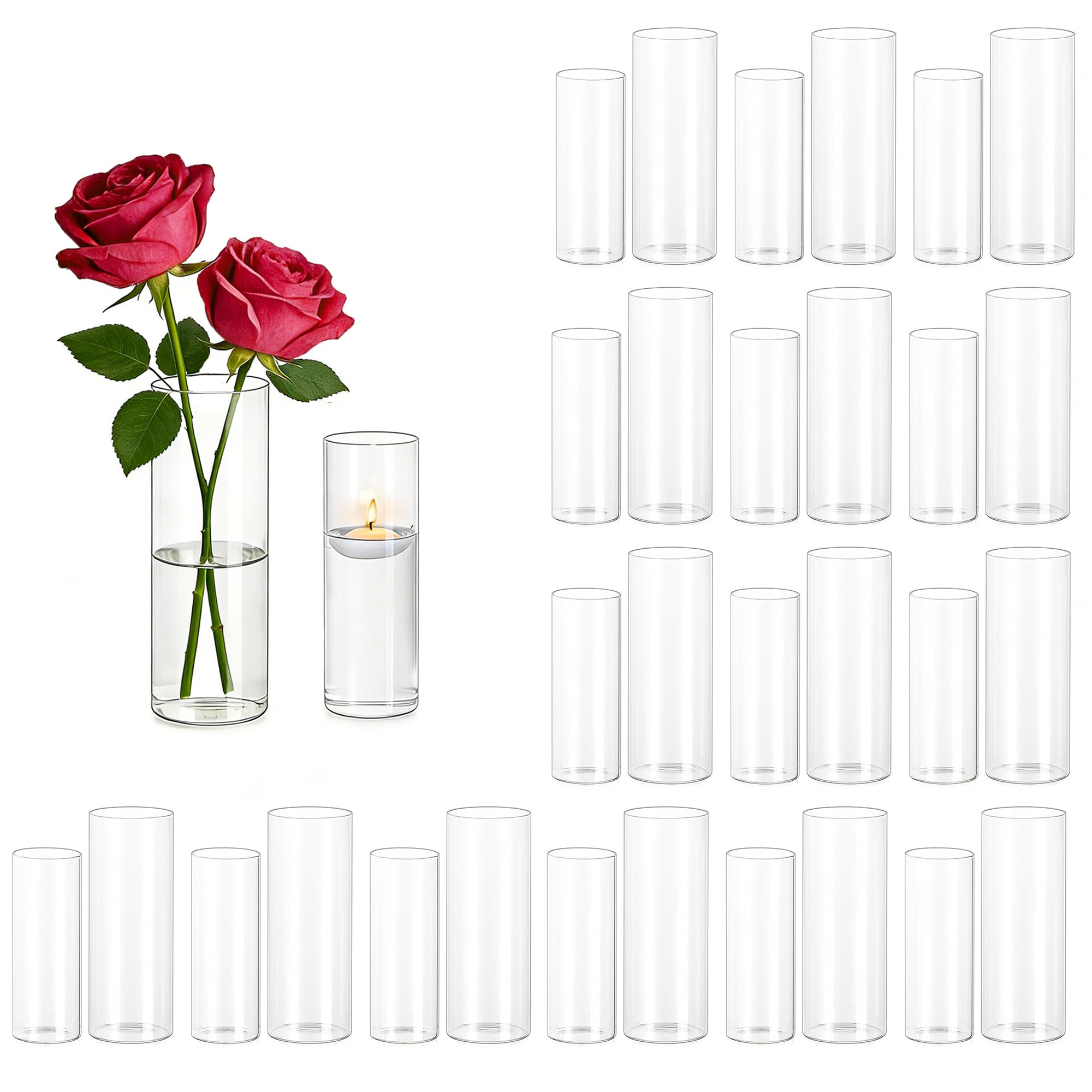 Photo 1 of Hewory Glass Cylinder Vases for Centerpieces: 7“+6" Tall 32Pcs Clear Small Bud Vases for Flowers Wedding Party Table Decoration - Skinny Hurricane Candle Holders for Floating Candles