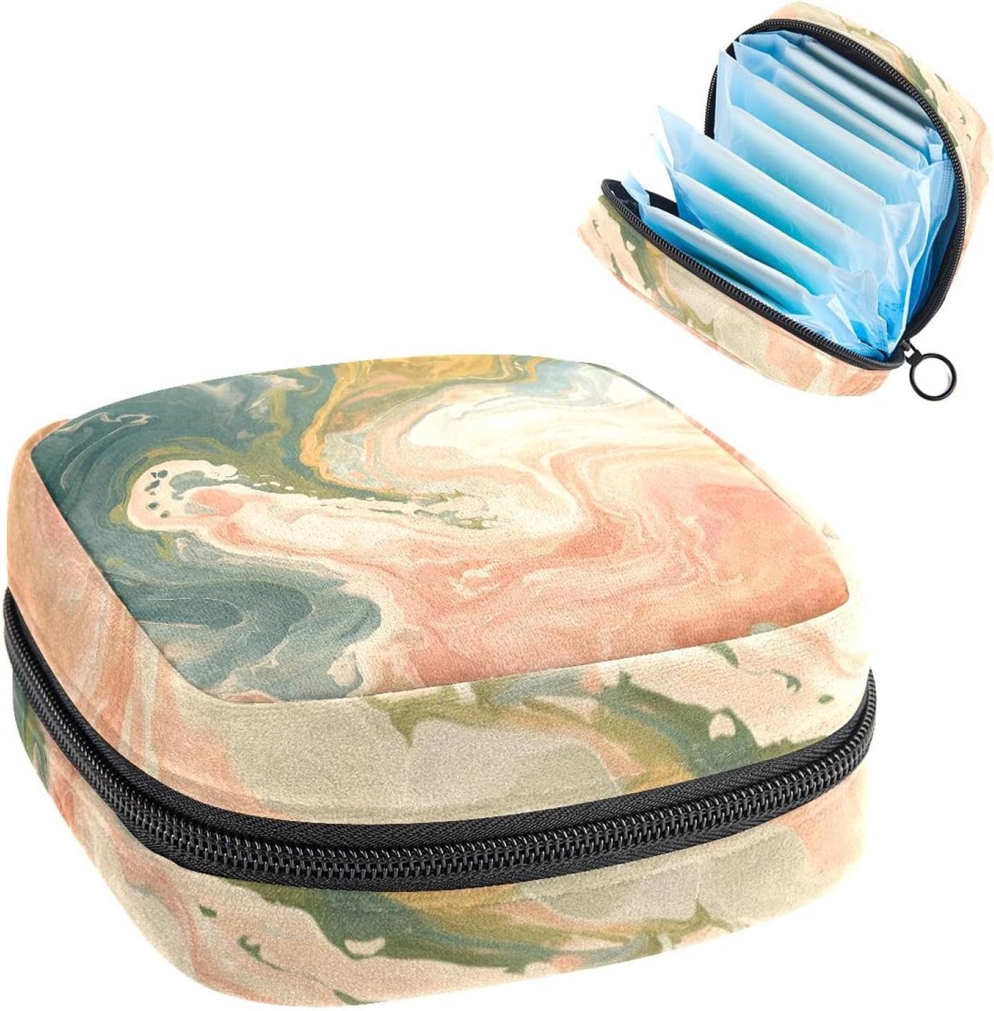Abstract Art Soft Peach and Deep Sage Green Swirl Background Sanitary Napkin Storage Bag, Menstrual Cup Pouch Feminine Menstruation Period Pads Bag Tampons Holder for Girls Women Ladies
