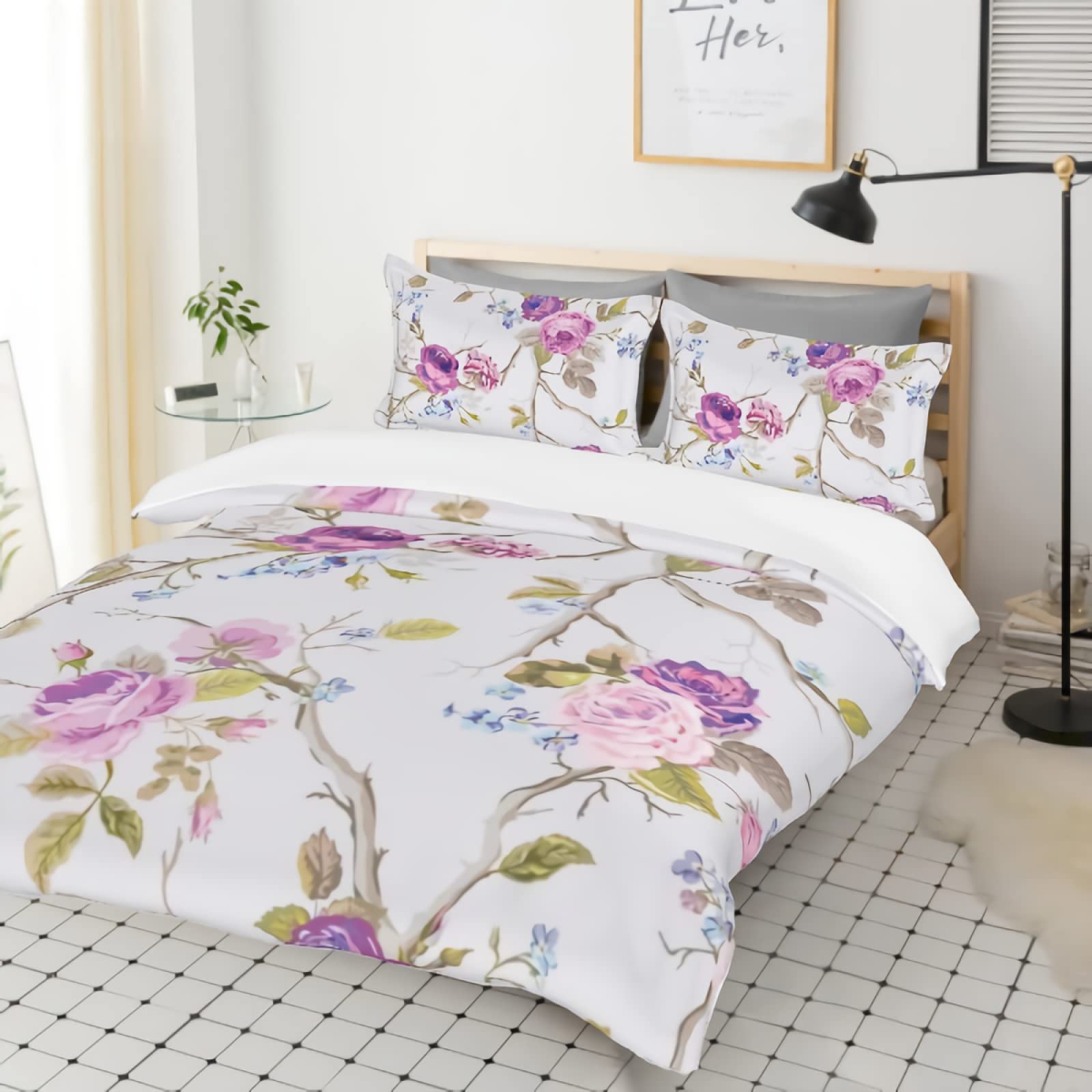 DamnGud Roses Bedding Set Pink Rose Duvet Cover Flowers Comforter Cover Full Size Quilt with 2 Pillowcases Soft Microfiber (no Comforter)