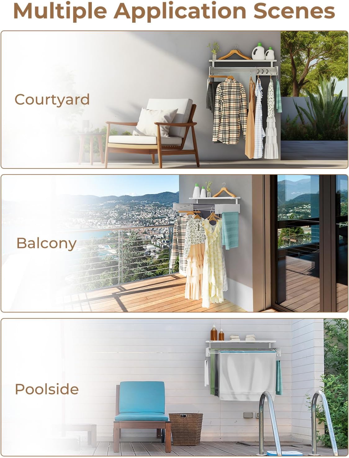 yamagahome Clothes Drying Rack Wall Mounted with Extra Storage Board, Laundry Drying Rack Collapsible with Handle, Collapsible Drying Racks for Laundry for Indoor and Outdoor, 31.5''