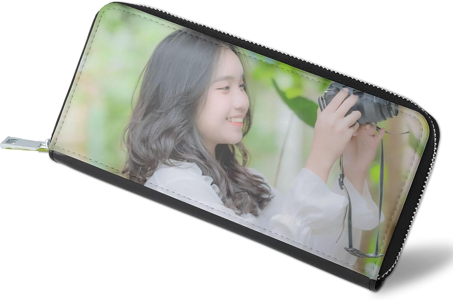 Personalized Custom Photo Women's Leather Wallet, Slim Bifold Clutch with Wrist Strap, Multiple Card Slots