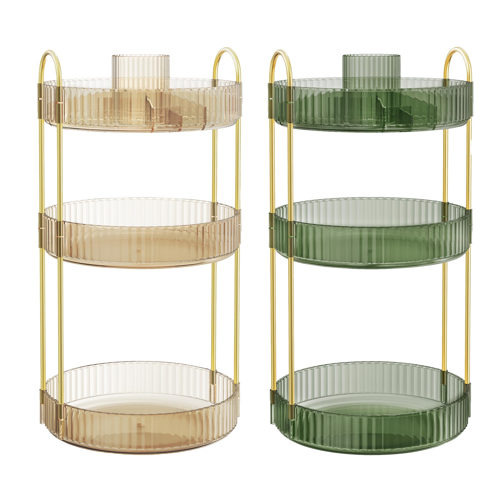 SONGMICS 2 Items Bundle - Makeup Organizers, 3-Tier Round Rotating Skincare Organizers, Toiletries Vanity Organizers, Lazy Susan, Gift, Champagne Gold