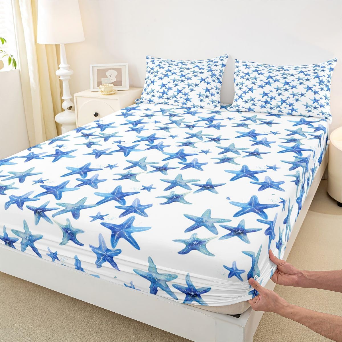 Feelyou Starfish Bedding Fitted Sheet Ocean Beach Marine Life Decor Bed Sheet Set for Kids Boys Girls Coastal Beach Theme Bedding Sheets Blue Bed Cover Bedroom Collection 3Pcs Full Size