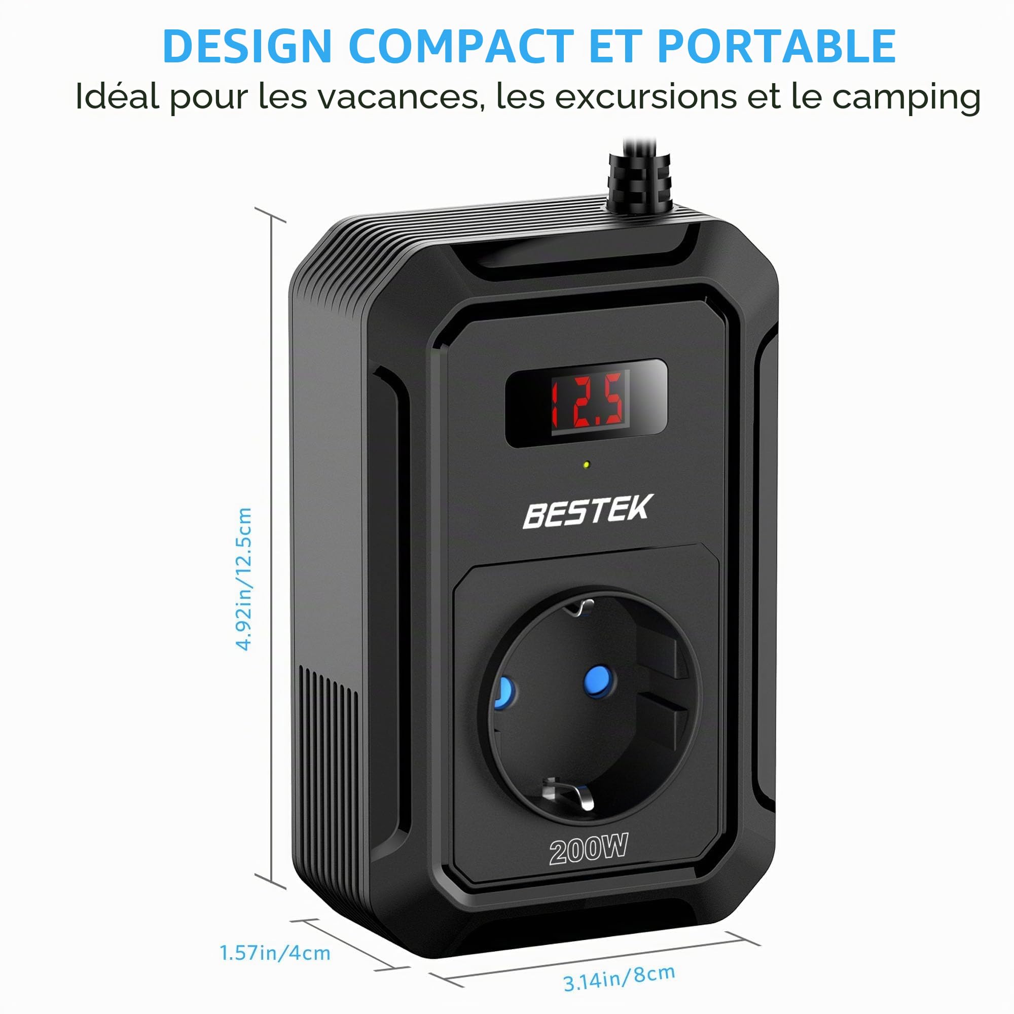 BESTEK Convertisseur 12V vers 220V/230V/240V 200W avec Prise Allume-Cigare, 4 Ports USB et 1 Prise EU. Idéal pour Voiture et Camping, Multi-Protections. Design Noir Compact et performant Onduleur