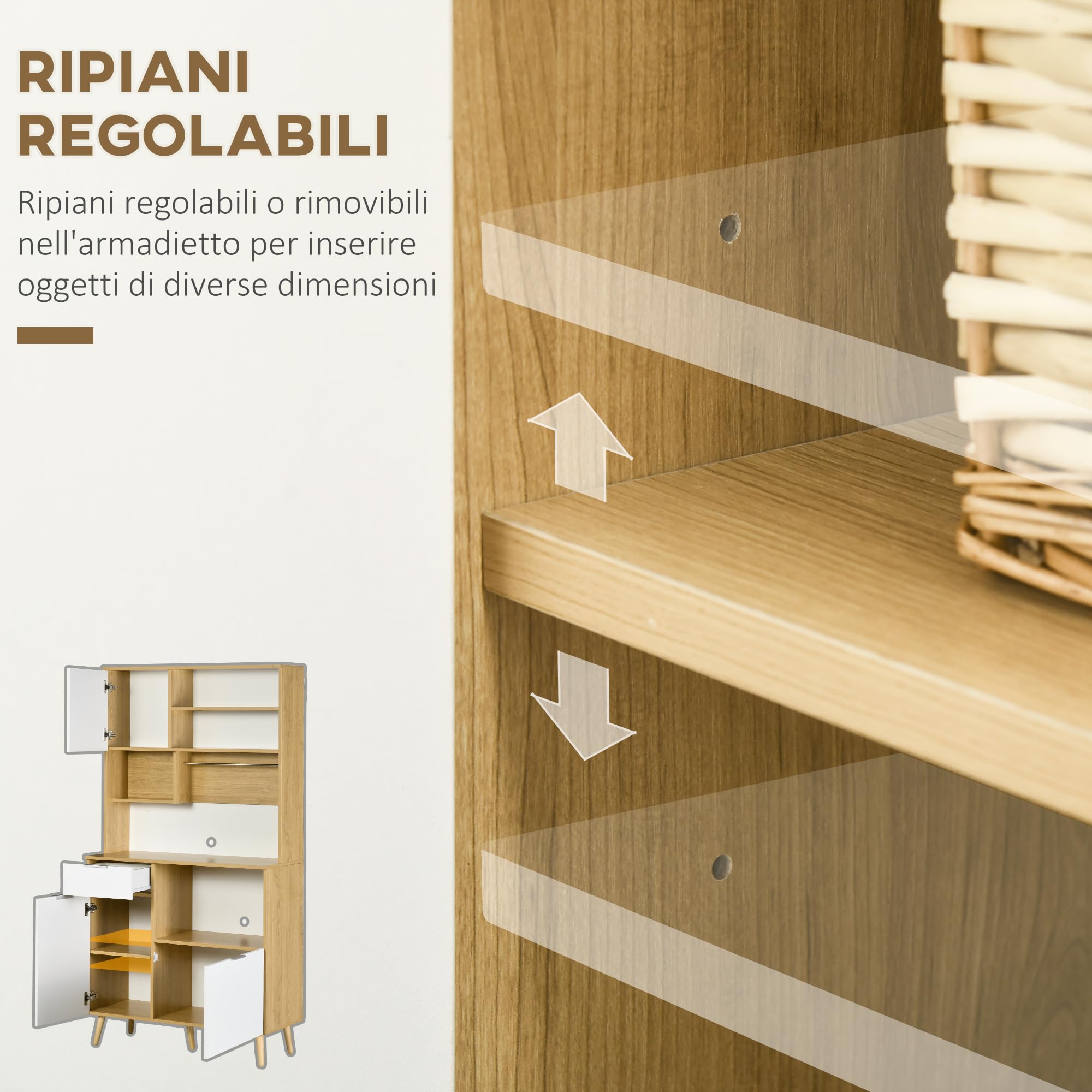 HOMCOM Dispensa da Cucina in Truciolato e Legno di Pino con Armadietti, Cassetti, Ripiani Regolabili e Appendino, 93x40x180 cm, Bianco e Color Legno