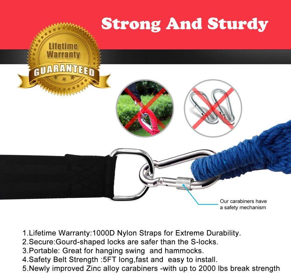 Tree Swing Hanging Straps Kit,2 PCS Tree Swing Straps Holds 2000 lbs,10FT Extra Long Straps with Safer Lock Carabiners,Perfect for Hammock,Tree Swing,Carry Pouch & Easy Fast Installation