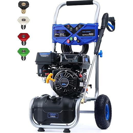 Portable Pressure Washer Gas Powered 3500 PSI 2.3 GPM, 209CC Engine Gas Pressure Washer with 25FT Hose & 4 Quick-Connect Multi-Angle Nozzle, High Pressure Washer for Outdoor Cleaning（Blue）