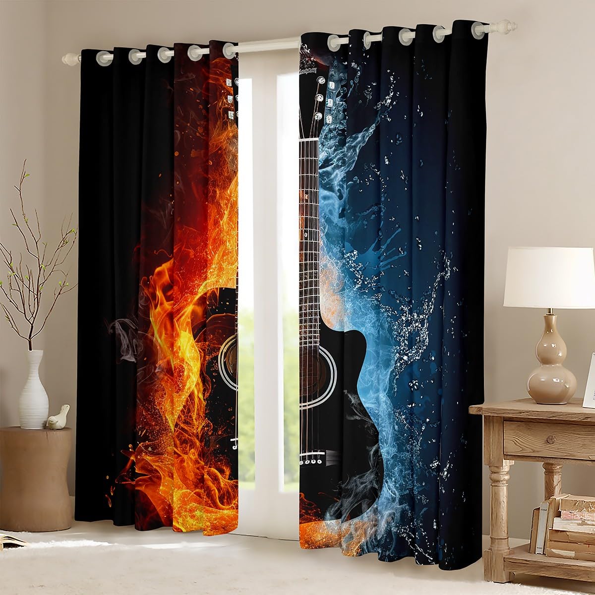 Loussiesd Guitar Curtains Fire Water Guitar Window Curtains for Bedroom Living Room Decor Rock Music Themed Window Drapes for Kids Boys Girls Musical Instrument W46*L72 - Image 2