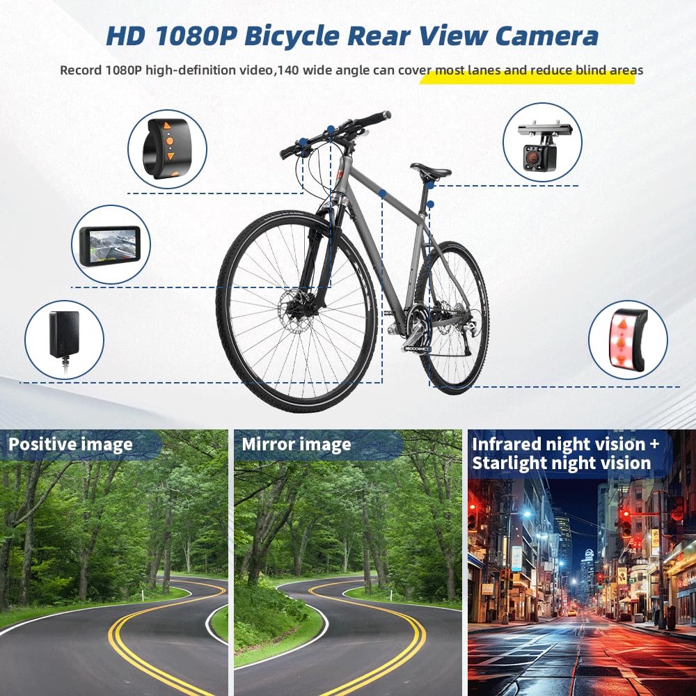 VSYSTO Espejo para bicicleta, cámara de visión trasera para bicicleta con monitor HD de 4,5 pulgadas, cámara wifi, visión nocturna, registro de kilometraje, velocidad, calorías, para bicicleta de