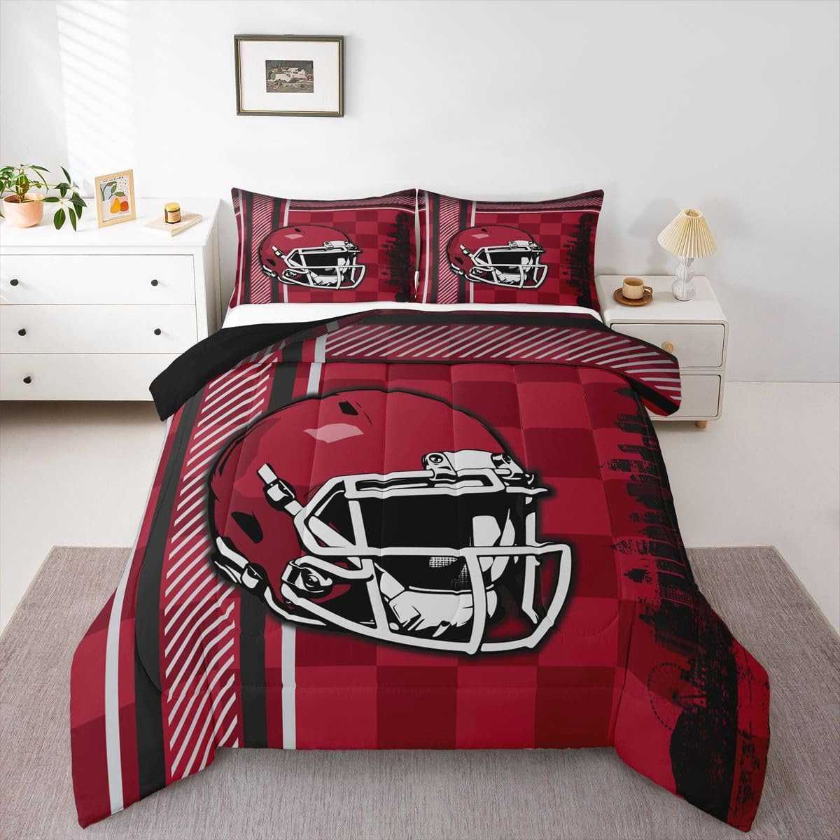 Erosebridal Boys Rugby Football Queen Comforter Set Rugby Ball Sports Game Down Comforter, Football Fan Helmet Bedding Set, Competitive Games European Sport Duvet Set Burgandy Red Black