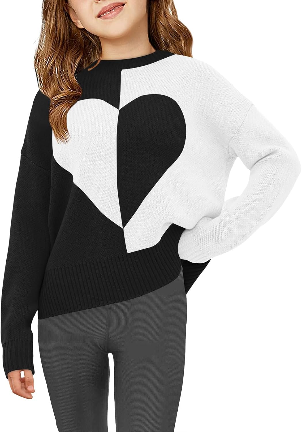 Haloumoning Girls Heart Sweater Kids Cute Color Block Knit Sweaters 7-14 Years
