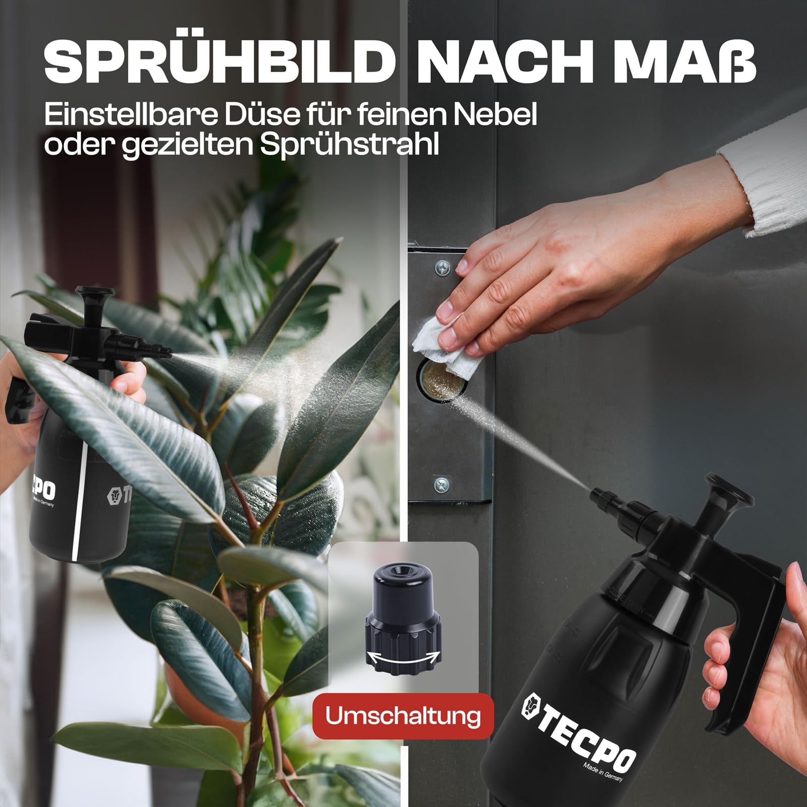 TECPO 3x Druckpumpzerstäuber 1L für Bremsenreiniger, Chemikalienbeständig, verstellbare Düse, 3 bar Druck, ergonomischer Griff, nachhaltiges Bio-PE, Pumpsprühflasche für Reinigung & Industrie