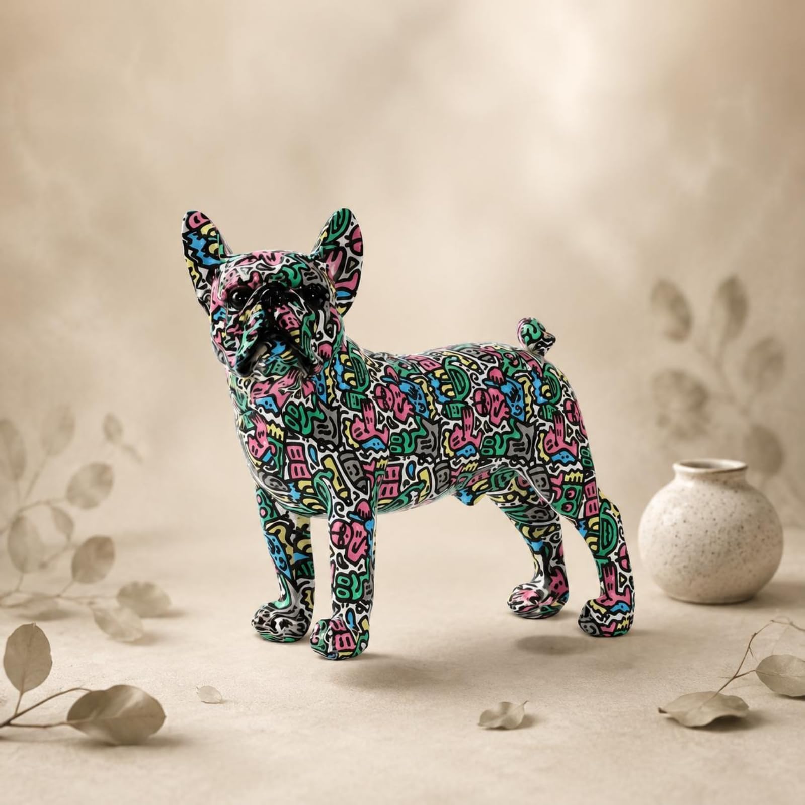 Gralara Scultura Decorativa Cane Francese Statua Cane Ornamentale Figurina Cane Resina Aspetto Creativo Accattivante Rinnova L Ambiente Adatta per Soggiorno, Stampa Leopardata