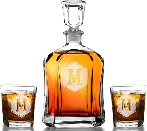 Vaso de whisky y decantador personalizado con monograma, corona de bourbon rock, vidrio escocés grabado para papá, cumpleaños, día del padre,
