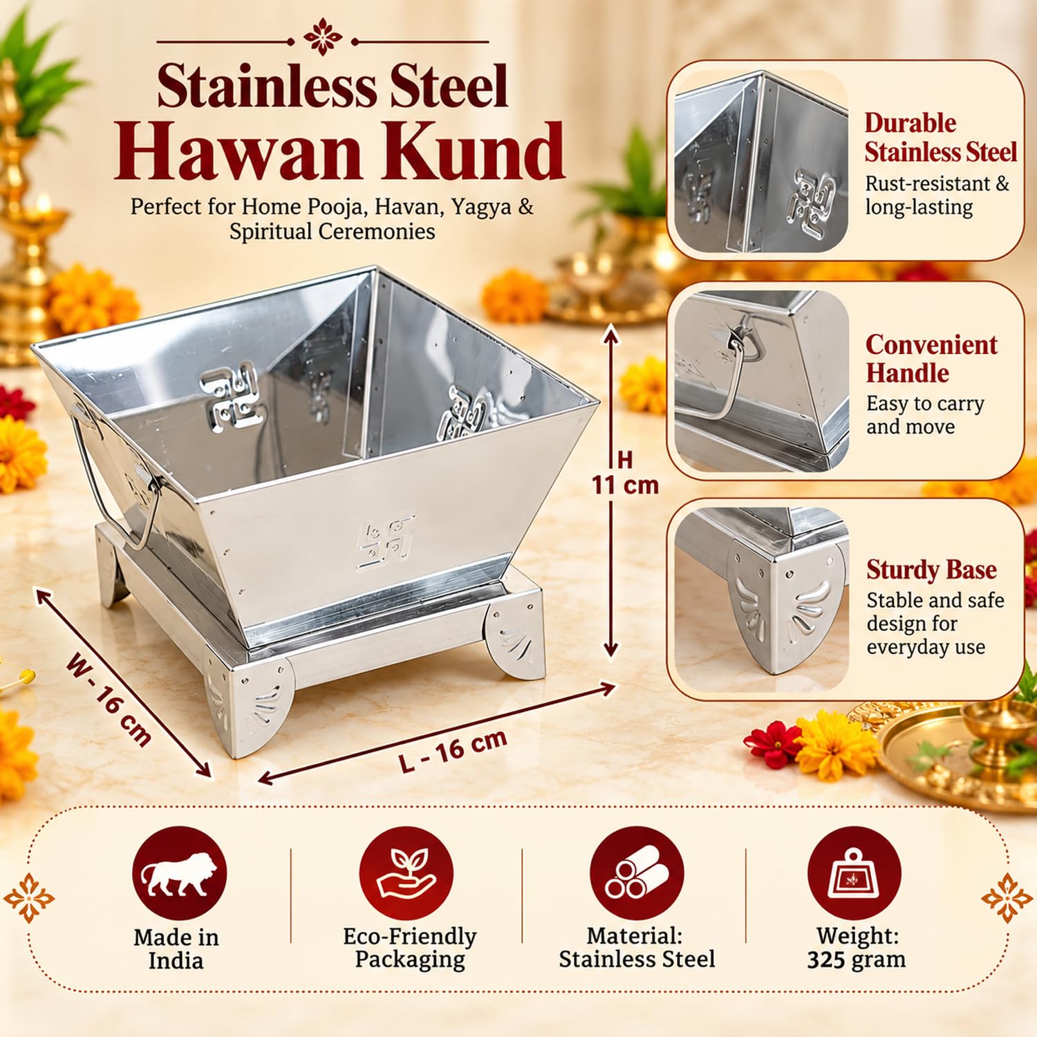 Stainless Steel Hawan Kund - Traditional Pooja Rituals -4 Stainless Steel Hawan Kund - Traditional Pooja Rituals -4