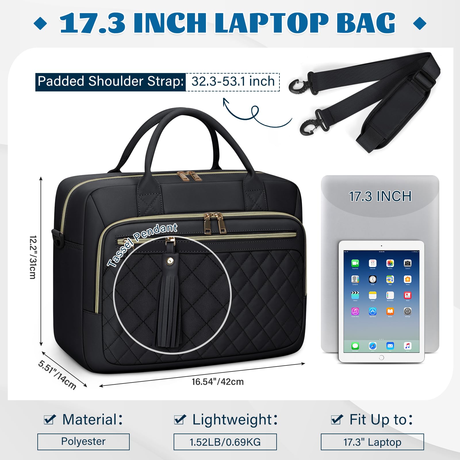 RAINSMORE Sacoche pour Ordinateur Portable 17 Pouces Sac Travail Femme