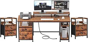 Furologee 61" Computer Desk and Nightstands Set 2, Desk with Outlets and Drawers, End Table with Hooks and Shelves, Writing Study Desk for Home Office/Bedroom
