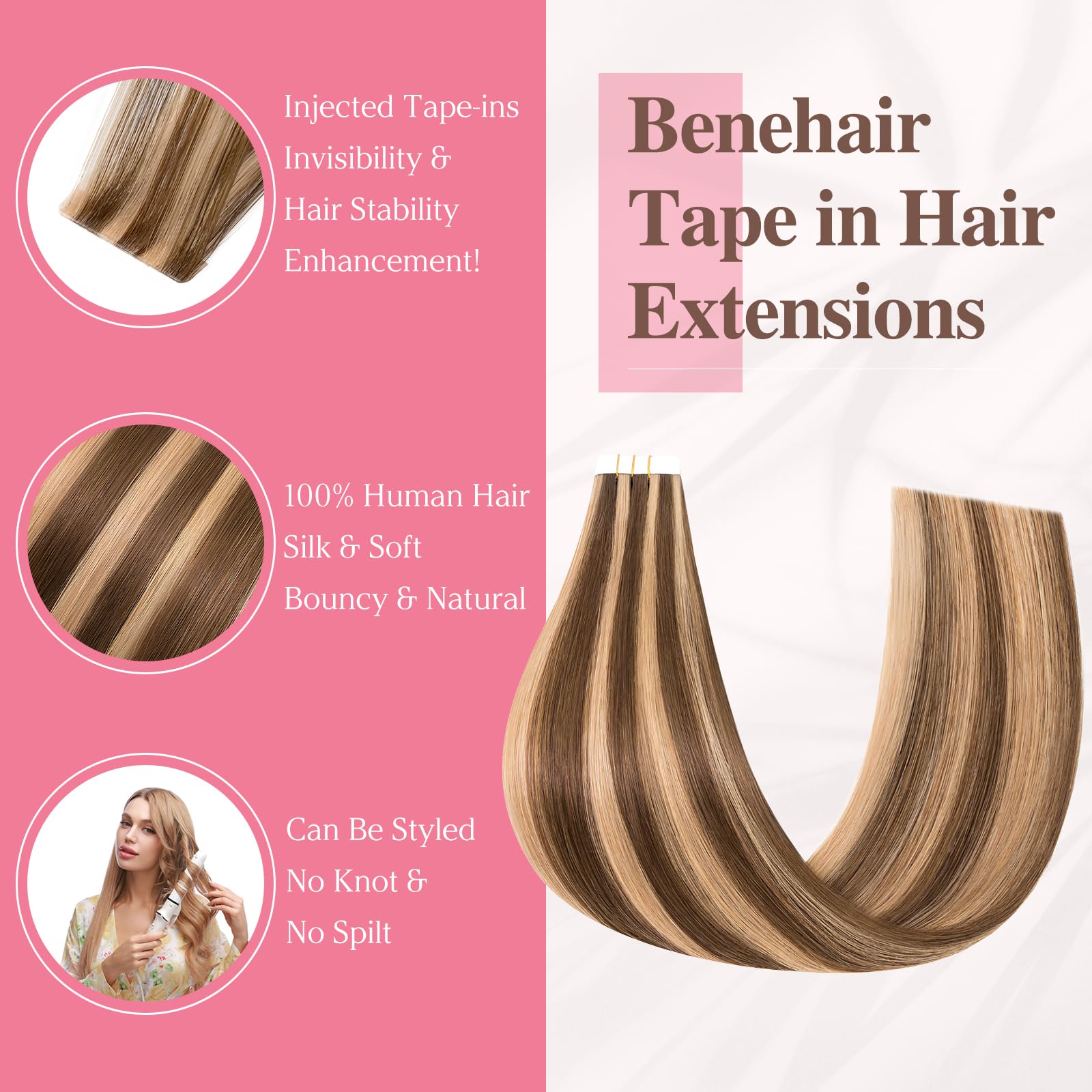 Benehair Tape in Hair Extensions Human Hair Invisible Skin Weft Remy Medium Brown Mix Dark Blonde Seamless Injected Hair Extensions Real Human Straight 10 Pcs 20 Inches (25g) - Image 2