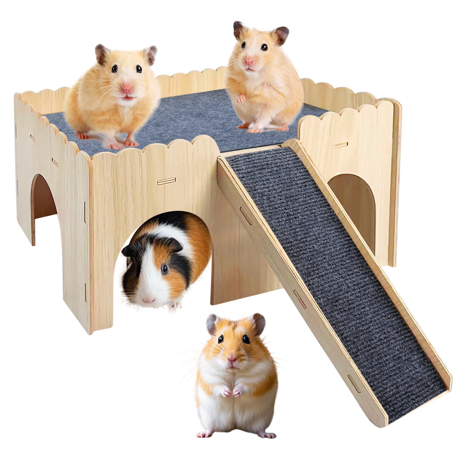 Multipiano cavia nascondiglio, casa di criceto con scale e stuoie, 38*25*18.5cm casa di cavia, castello di porcellini d'India in legno gabbia per criceto cincillà coniglio