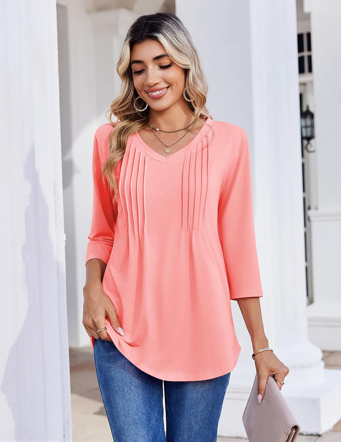 Zeagoo 3/4 Length Sleeve Womens Tops Casual V Neck Pleated Top Boho Floral Blouses Work Shirts - Image 2