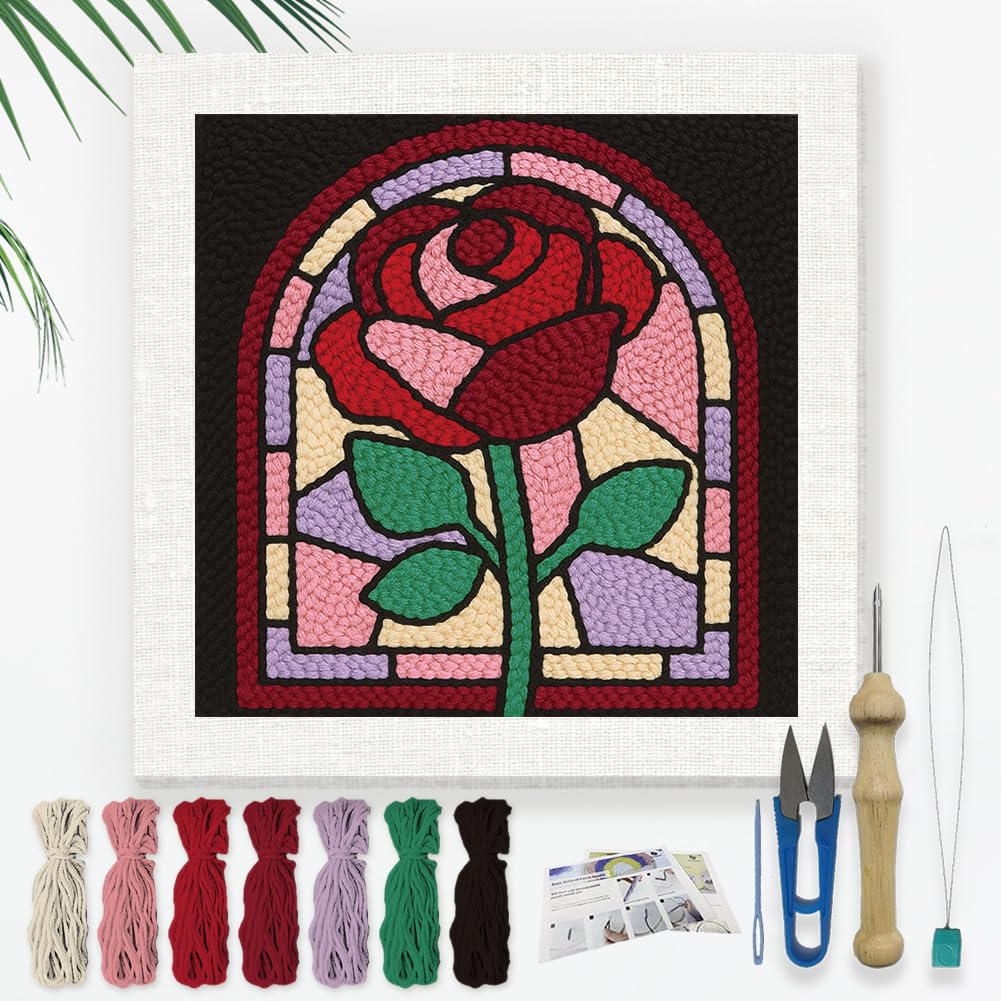 DOODLREAM Stained Glass Rose DIY Punch Needle Embroidery Kit for Adult Beginner, 24 x 24cm Floral Punch Stitching Craft Set for Starter with Wooden Frame, Fabric Pattern, Threader, Yarn, Punch Needle