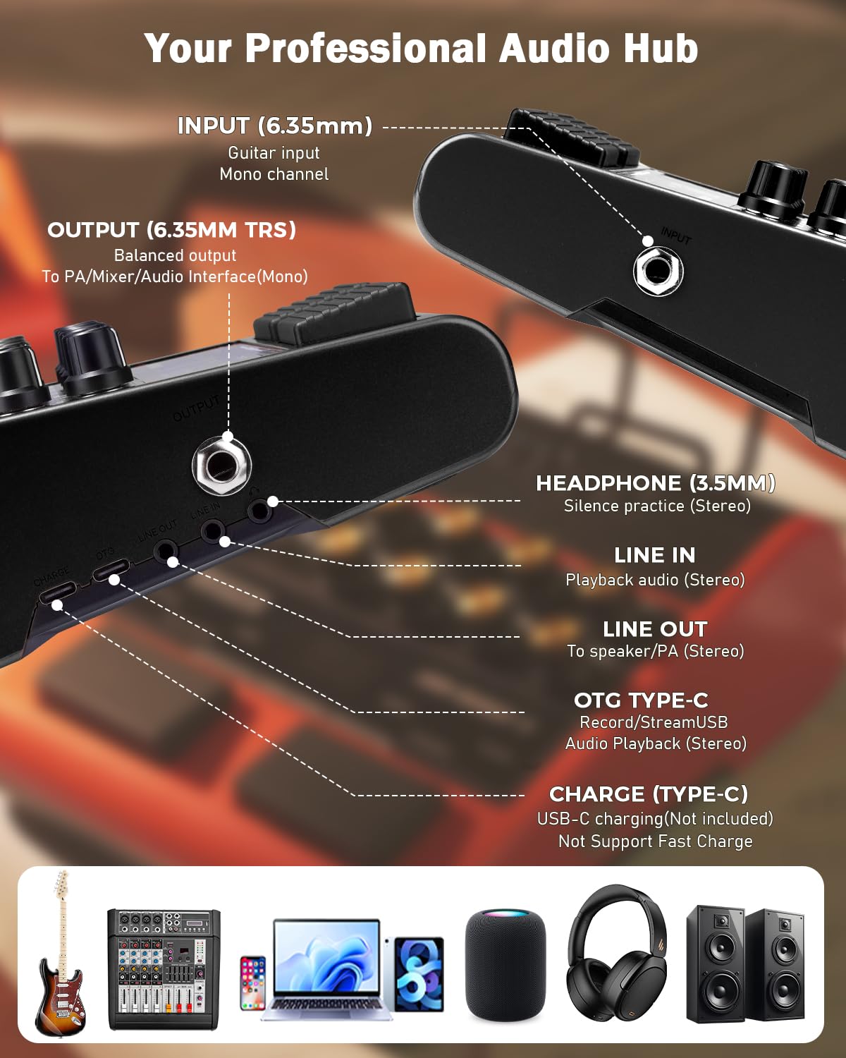 JOYO Amplificatore Combo Chitarra 10W Portatile con Pedale Multieffetti - 14 Modelli di Amplificatore, EQ 3 Bande, 36 Ritmi & Looper, Registrazione OTG, Bluetooth (Jam Buddy II, Nero)