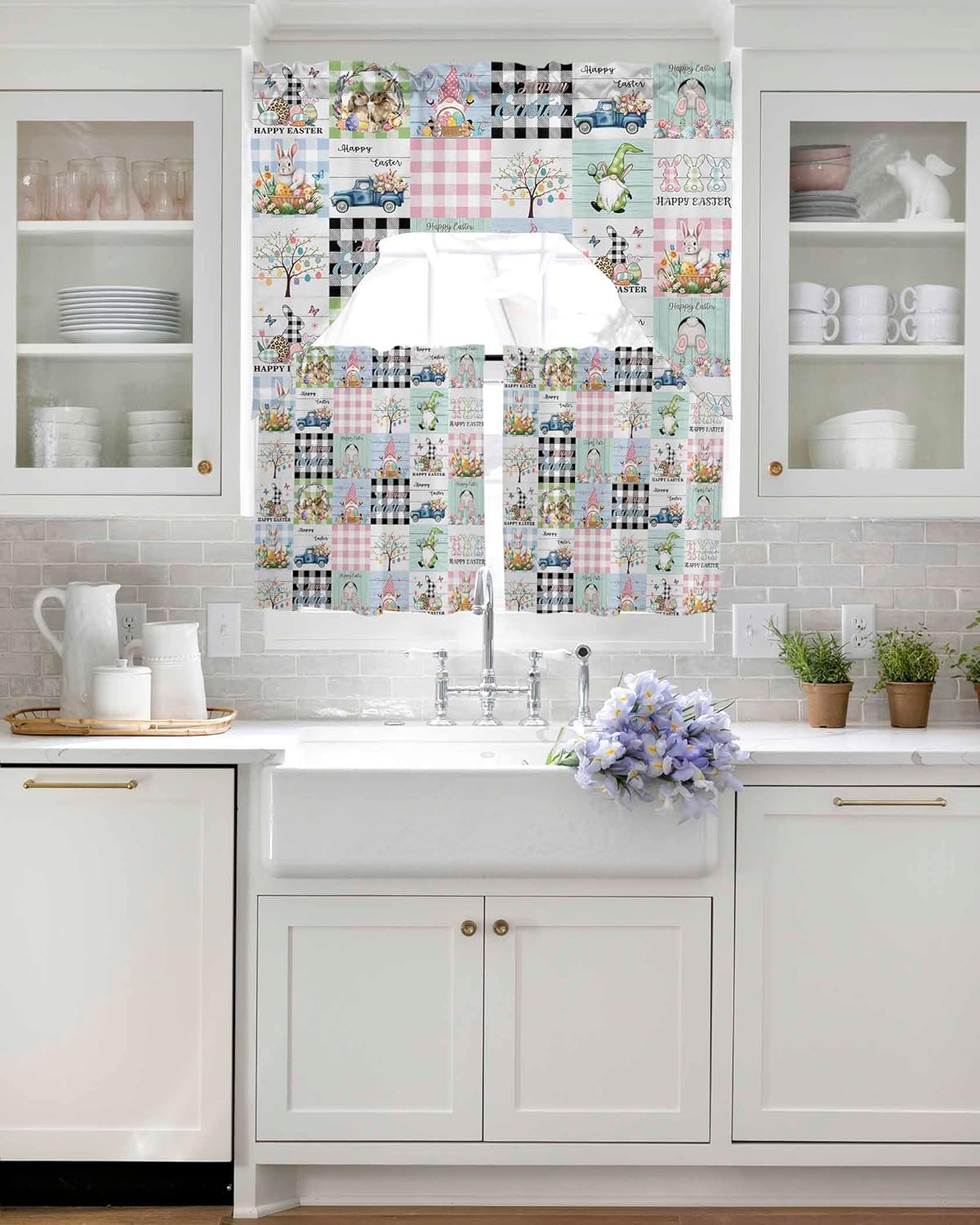 Easter Bunny Swag Kitchen Curtain Sets with Valance,3 Pieces Rod Pocket Curtain Drapes for Bedroom Living Room Bathroom Cafe Windows,Basket Eggs Gnomes Farm Truck Plaid 56''x36'' & 24''x27.5''x2Panels