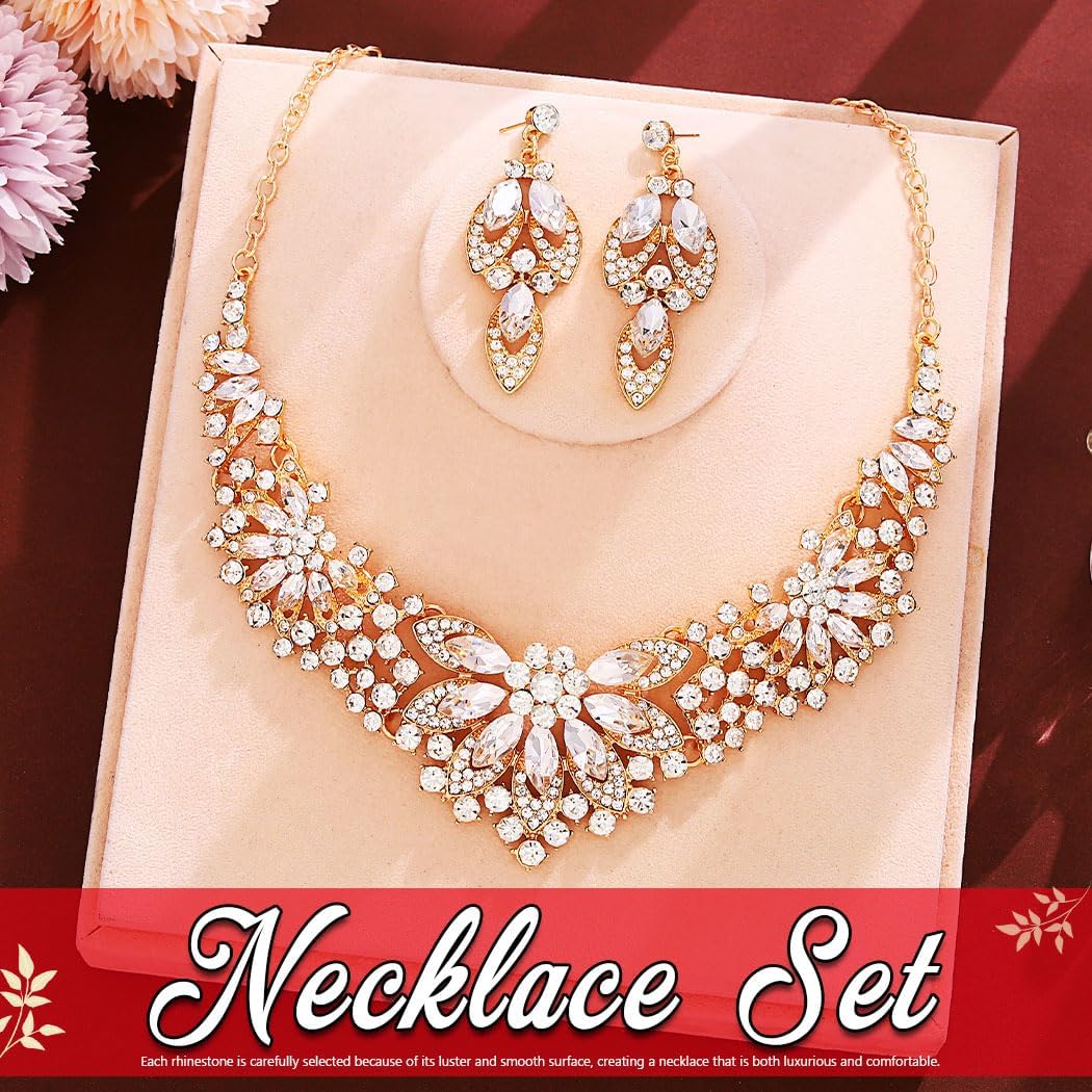 JEWEKY Wedding Jewelry Sets Gold Rhinestone Necklace Earrings Set Formal Costume Jewelry for Women - Image 2