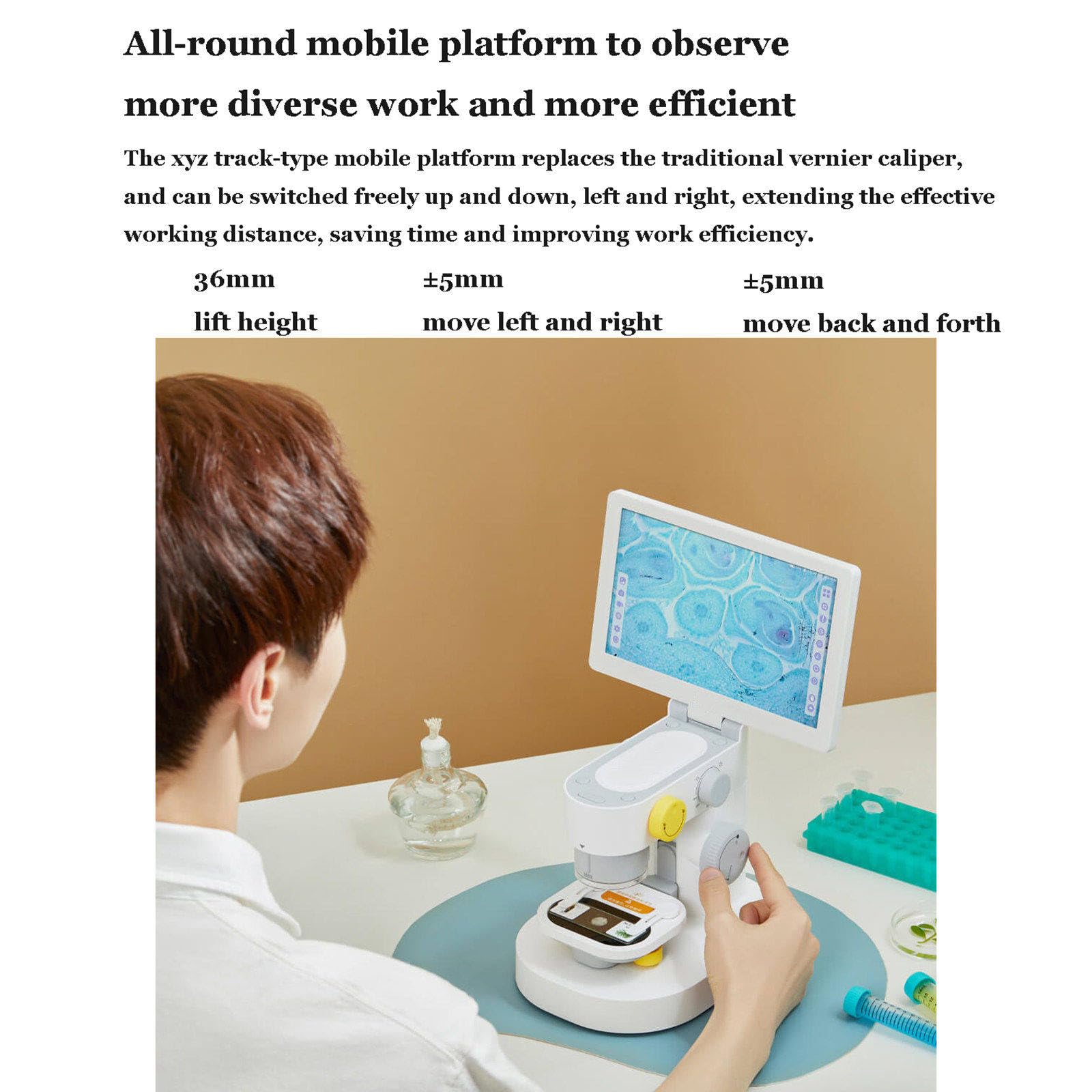 Microscopio biologico con schermo multi-touch da 9 pollici, doppia sorgente luminosa a LED e 3 set di obiettivi per connessione multi-dispositivo