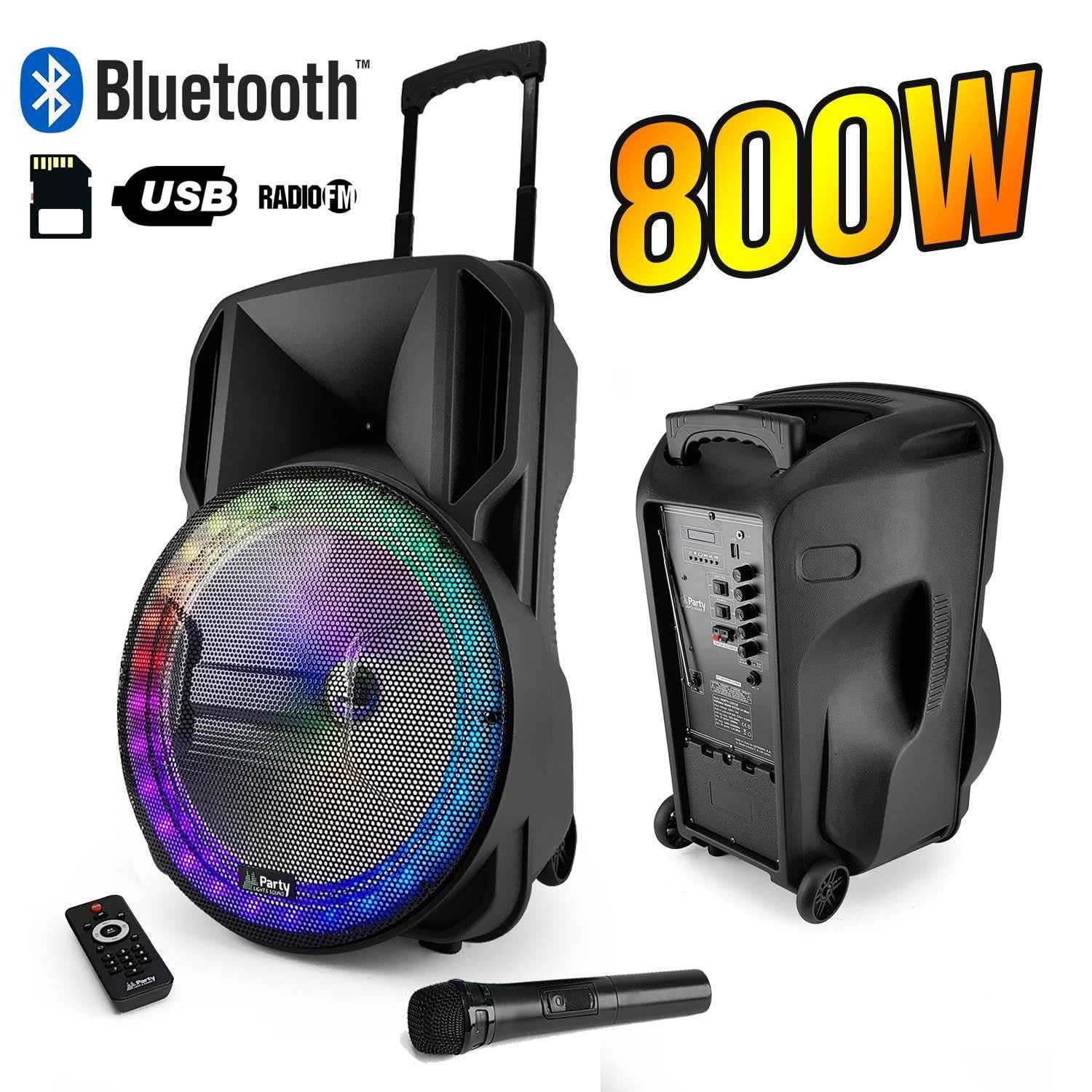 Enceinte Sono Portable Batterie 800W - 15" à LED RGB - USB/Micro SD/BT/FM + Micro VHF + Tél
