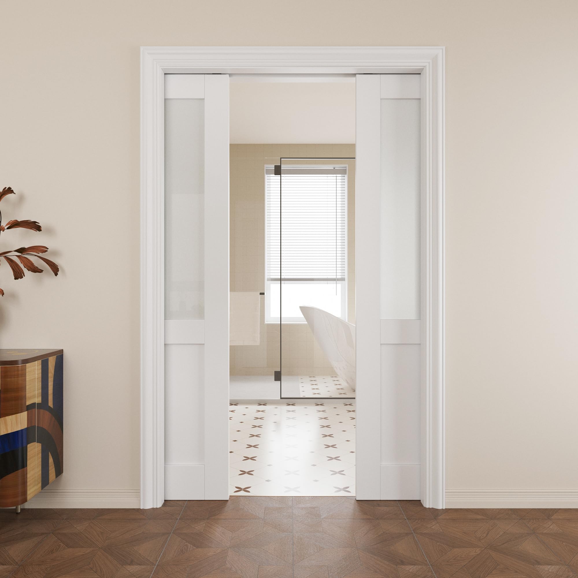 Pocket Door,Half-Lite Frosted Glass Doors,Solid Door,48x80 Door